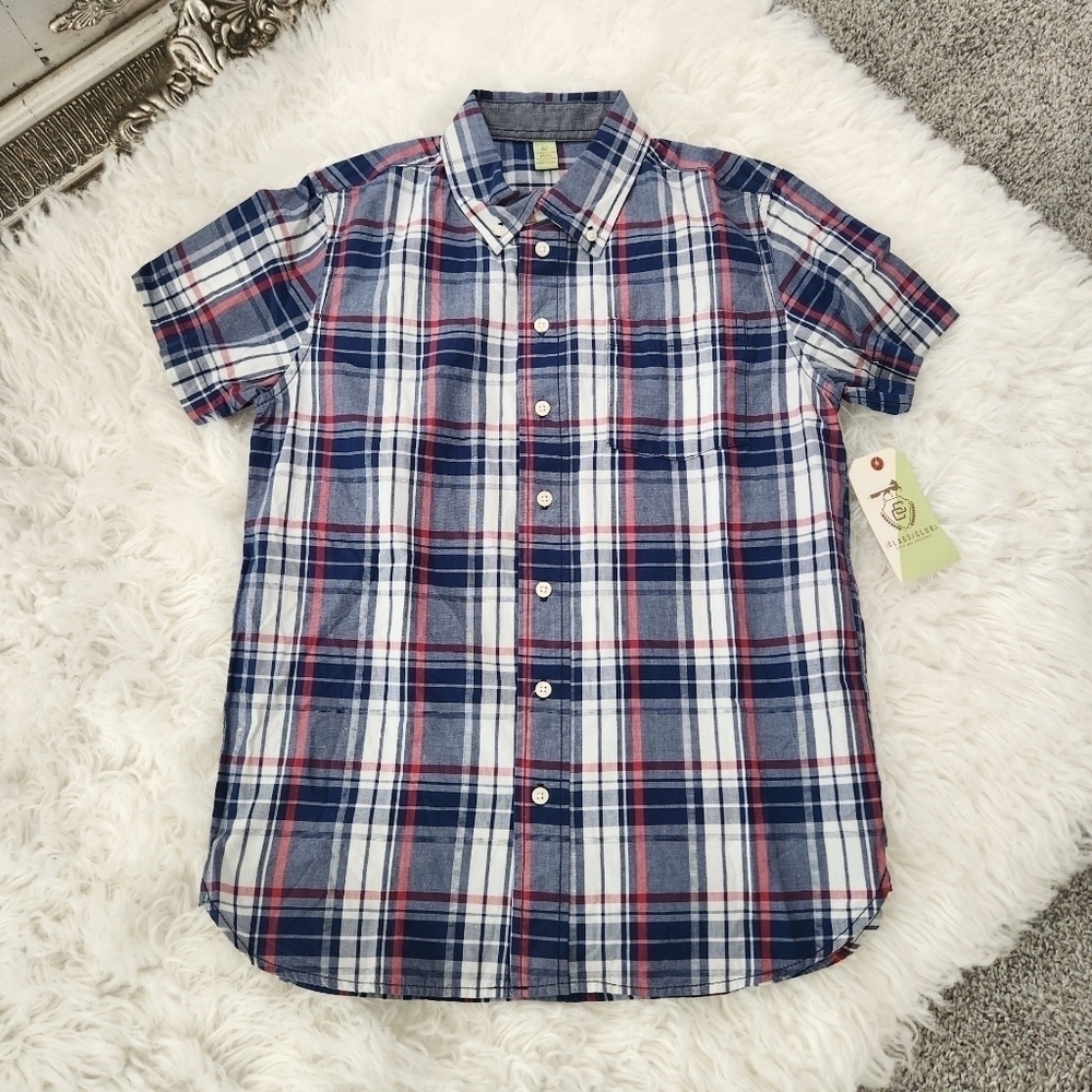 Class Club Boy's Short Sleeve Plad Button down shirt. Size 14/16. New. C1